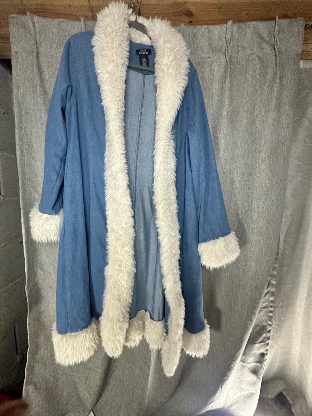 Social Collision Denim White Faux Fur Trim Penny Lane Long Coat-Large